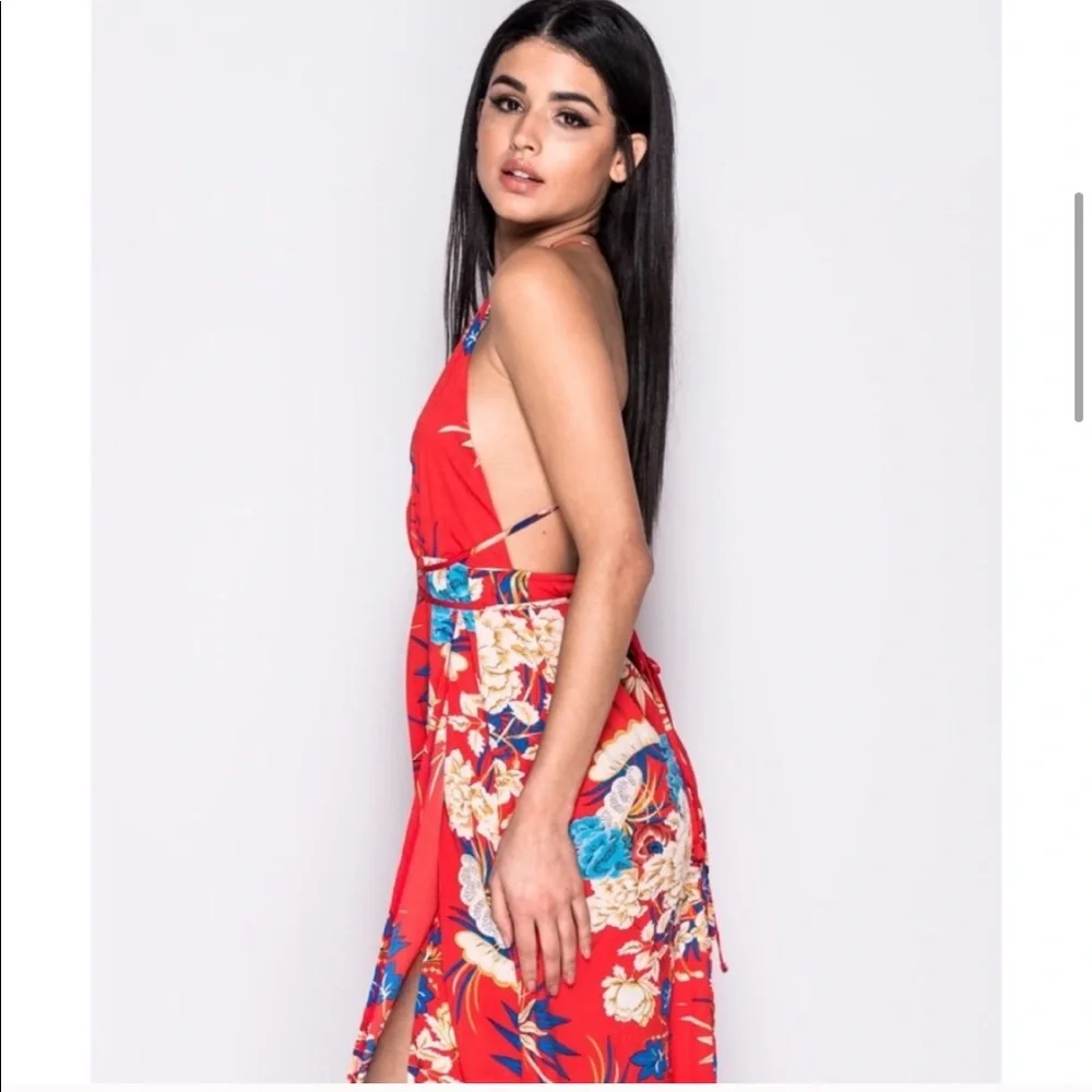 Red Floral Strappy Open Back Thigh Slit Maxi Dress - Picture 6 of 7